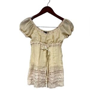 Vintage Bebe Size XS Cream Colored Sparkle Baby Doll Sheer Silk Blend Top Y2k